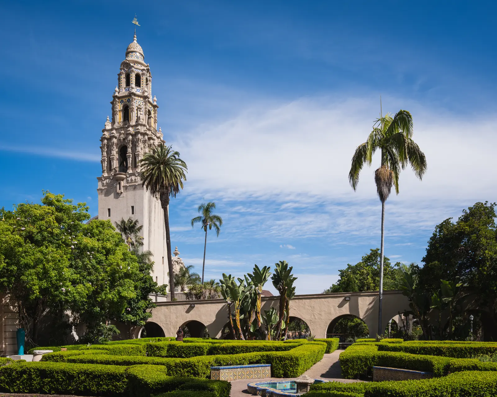 The California Tower rises above palm trees and manicured hedges, seen from the Alcazar Garden in Balboa Park.