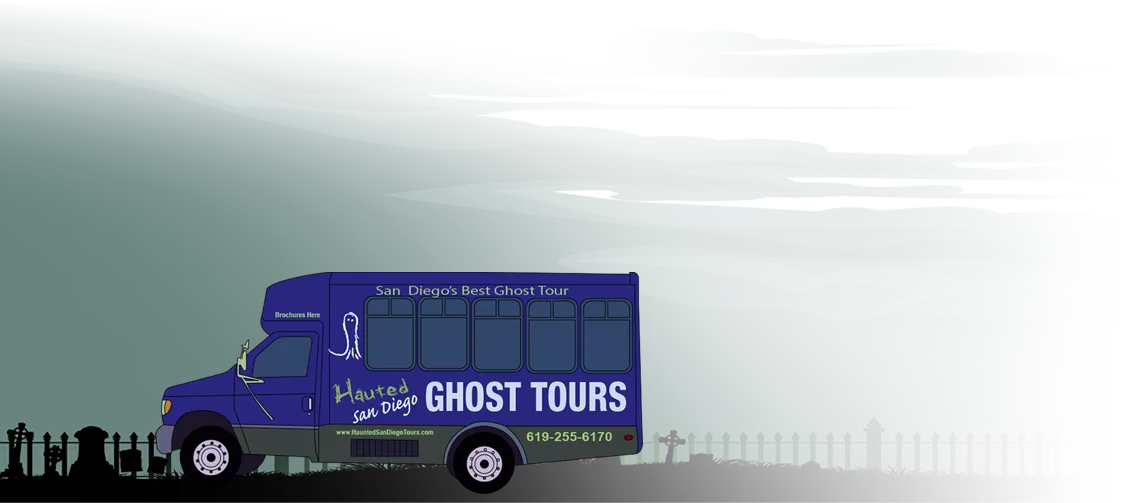 Graphic illustration of the "Ghost Bus" or "Coffin on Wheels," a uniquely designed spooky tour vehicle.