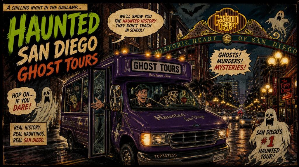 Comic image of the haunted San Diego ghost tour bus along the streets of the Gaslamp Quarter, haunted San Diego ghost tour elements.