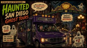 Comic image of the haunted San Diego ghost tour bus along the streets of the Gaslamp Quarter, haunted San Diego ghost tour elements.