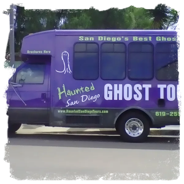 Graphic illustration of the custom-designed Haunted Bus Tour vehicle, ready for a spooky journey.