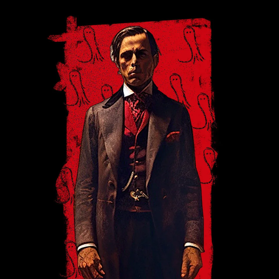 Graphic illustration of a dapper yet eerie suit-clad man, the iconic figure for Haunted San Diego Ghost Tours.